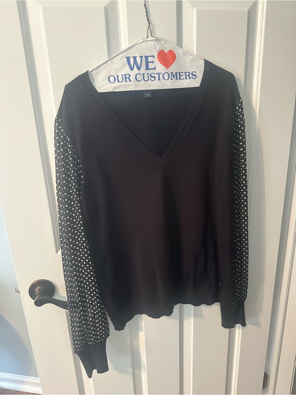 V-Neck Sweater with Polka Dot Sleeves - Women
